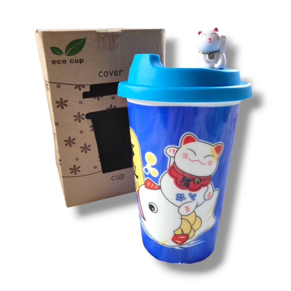 EUC Japanese Eco Cup Blue Maneko Lucky Cat Design w/ Silcone Lid
